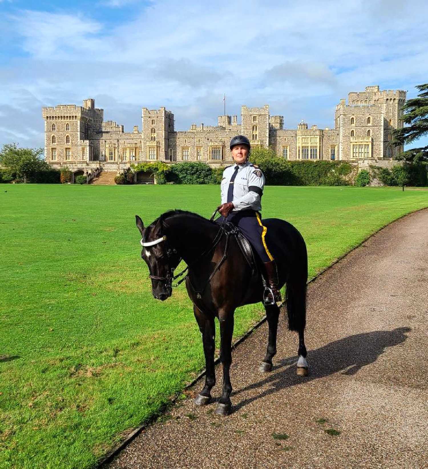 Scott Williamson, who grew up at Rocanville, in front of Windsor Castle where he is preparing to lead the Queen's Funeral Procession Monday, along with three other members of the RCMP Musical Ride.